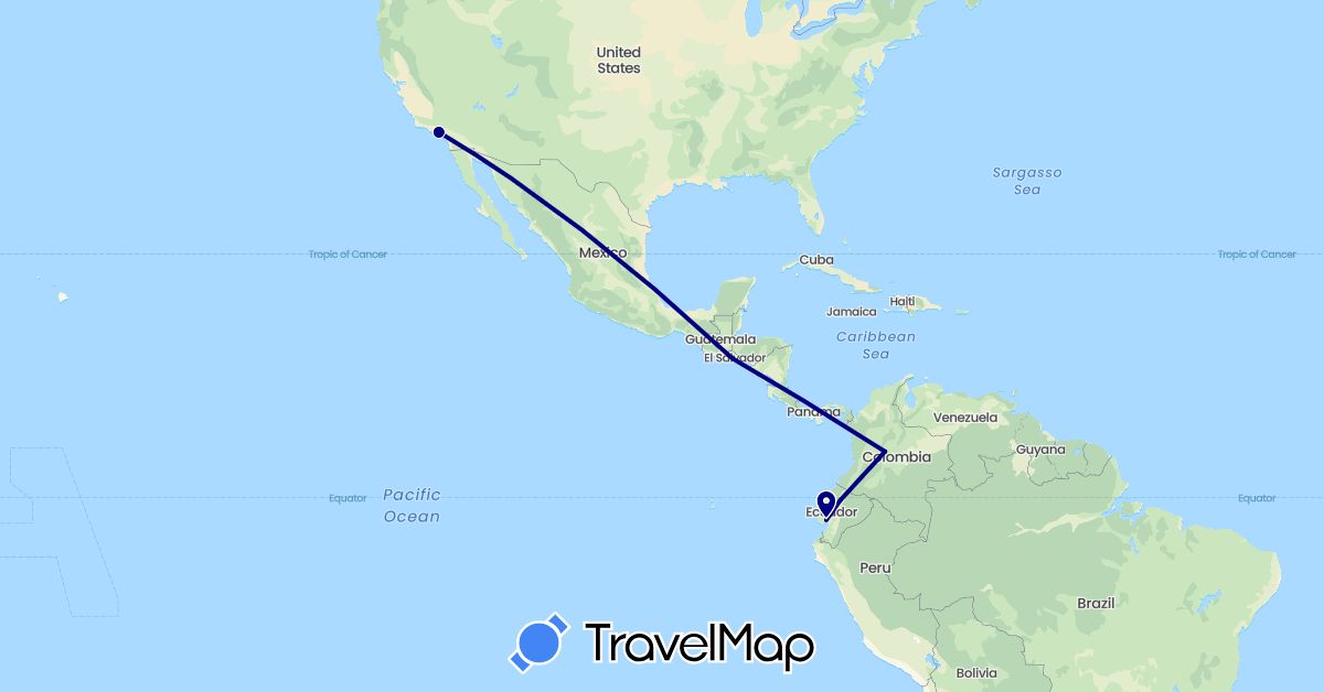 TravelMap itinerary: driving in Colombia, Ecuador, El Salvador, United States (North America, South America)