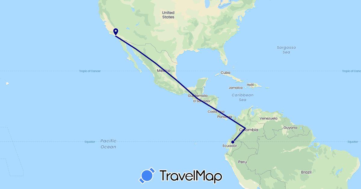 TravelMap itinerary: driving in Colombia, Ecuador, Guatemala, United States (North America, South America)
